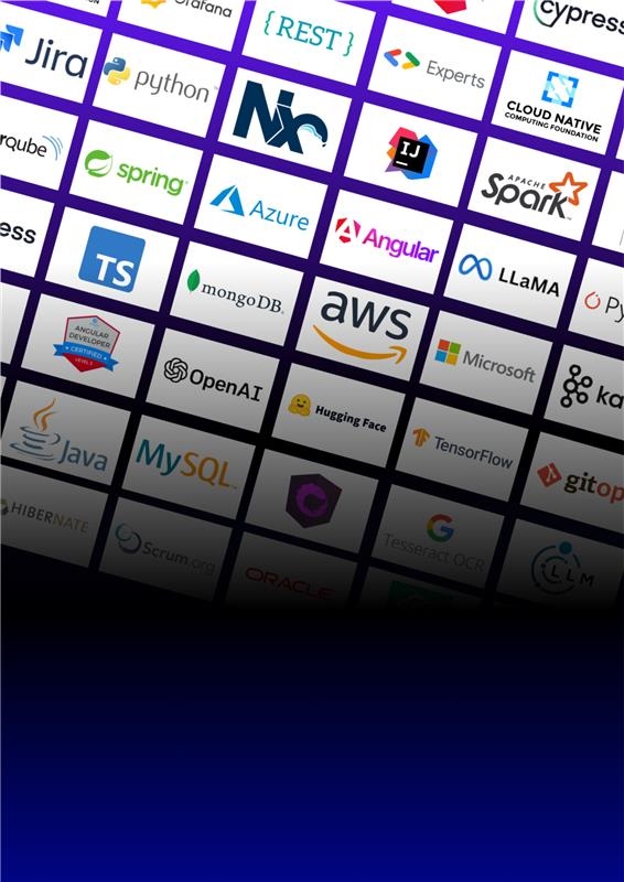 Raster aus Logos bekannter Software-Technologien wie Jira, Python, Nx, IntelliJ, Apache Spark, TypeScript, MongoDB, AWS, Microsoft, OpenAI, Hugging Face, Java, MySQL und TensorFlow.