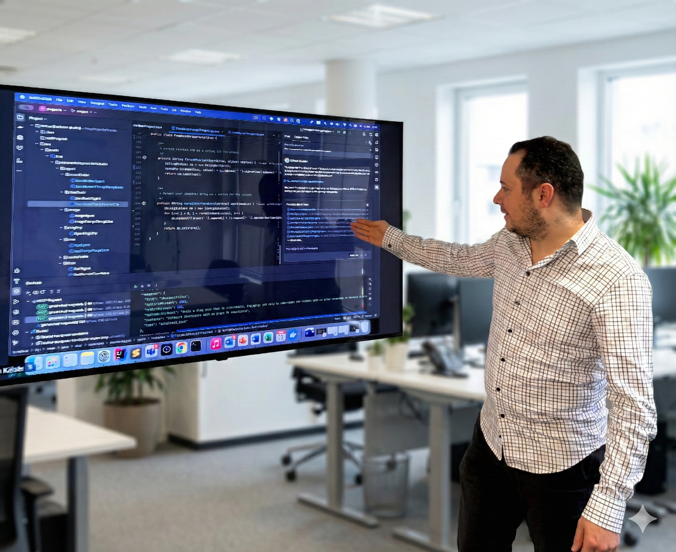 Ein Mann zeigt mit der Hand auf einen großen Bildschirm mit Programmiercode in einem modernen Büro.