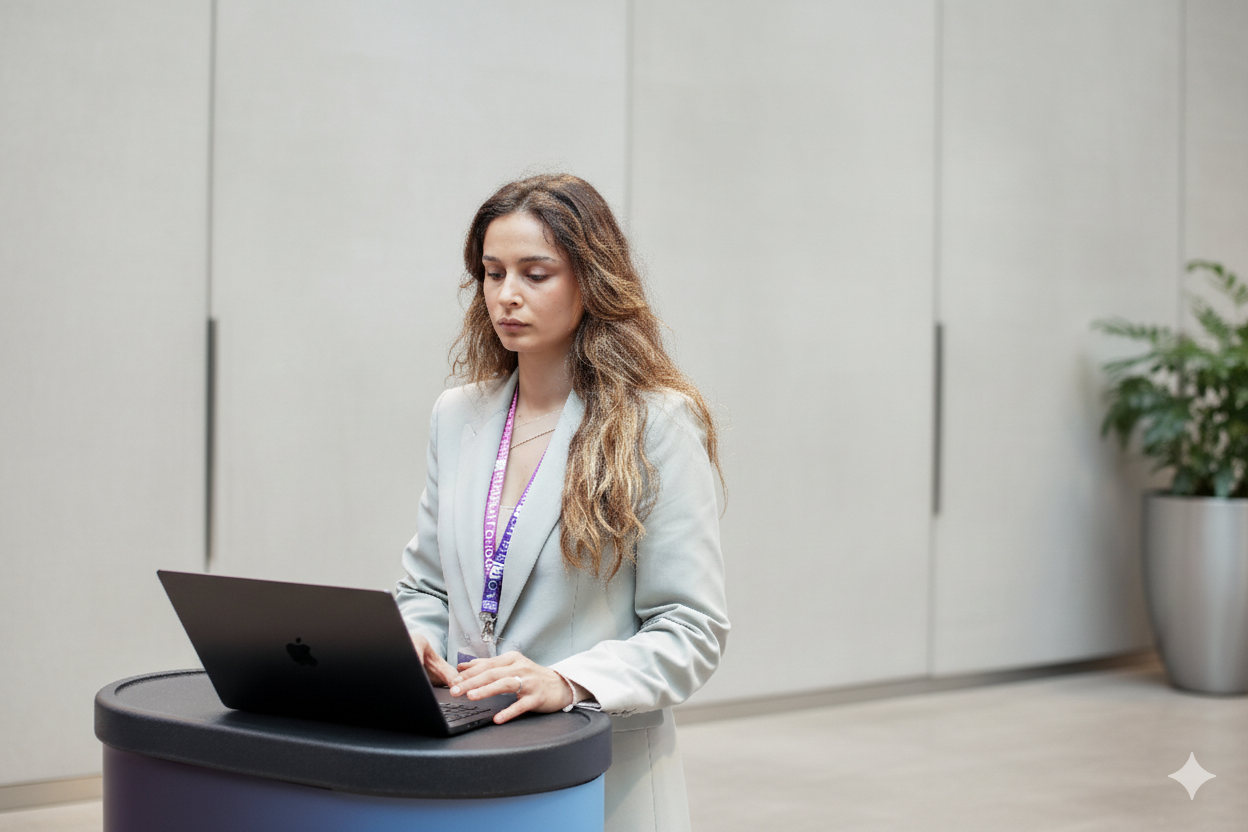 Frau mit langem braunem Haar trägt hellgrauen Blazer und arbeitet konzentriert an einem schwarzen Laptop an einem runden Stehpult.