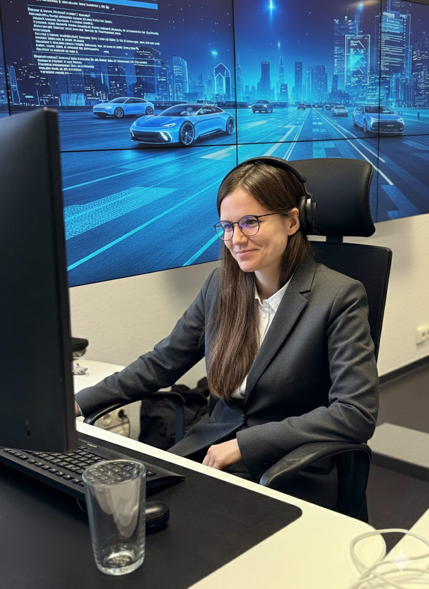 Frau mit Brille und Headset sitzt an Schreibtisch vor Computer, im Hintergrund große Bildschirme mit futuristischem Stadt- und Autodesign.