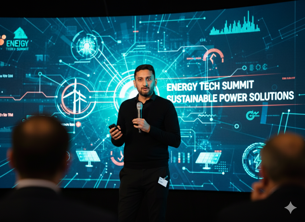 Ein Mann hält ein Mikrofon und eine Fernbedienung und präsentiert vor einer digitalen Hintergrundanzeige mit dem Text ‚Energy Tech Summit Sustainable Power Solutions‘.