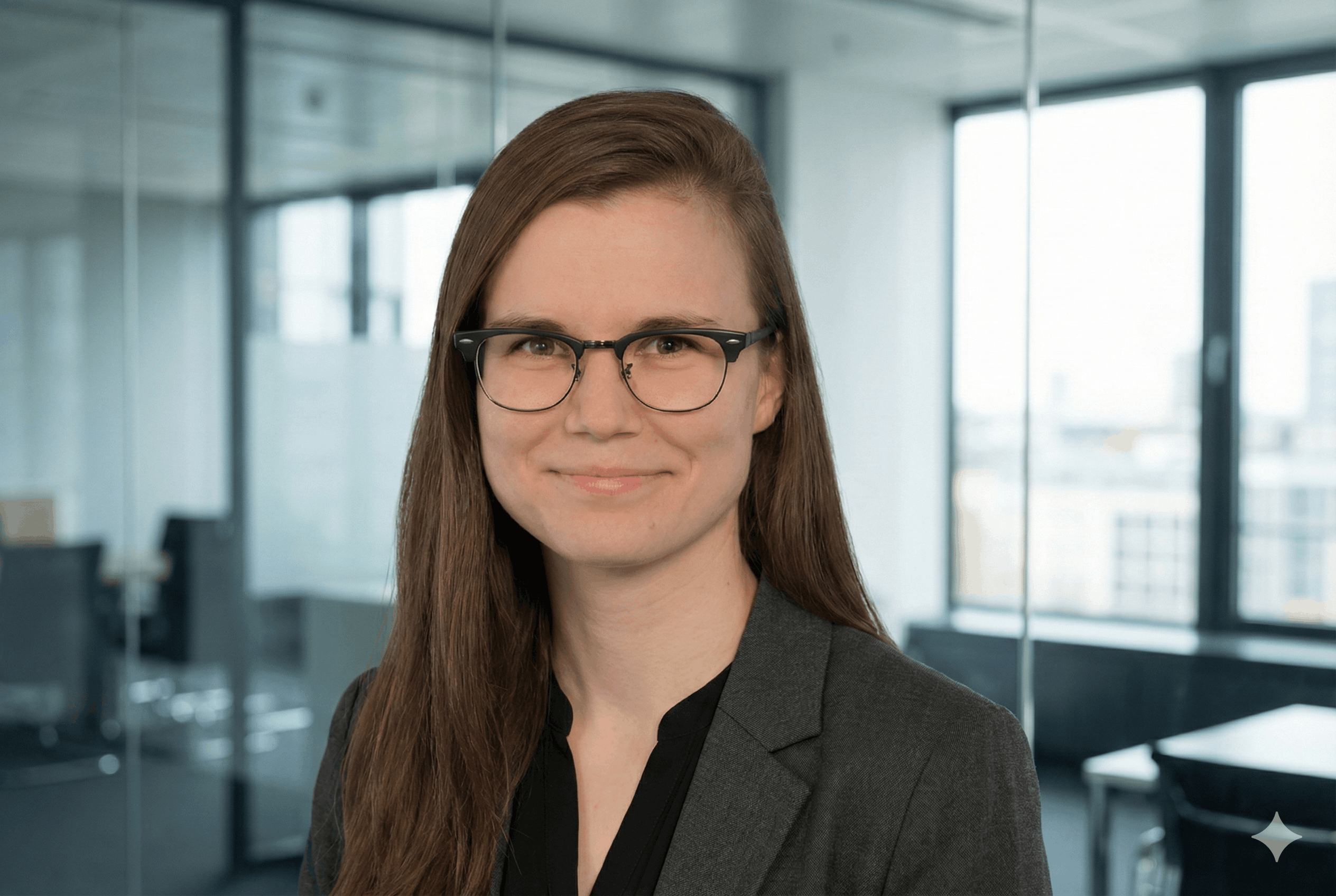 Porträt einer Frau mit langen braunen Haaren, schwarzer Brille und grauem Blazer in einem modernen Büro.