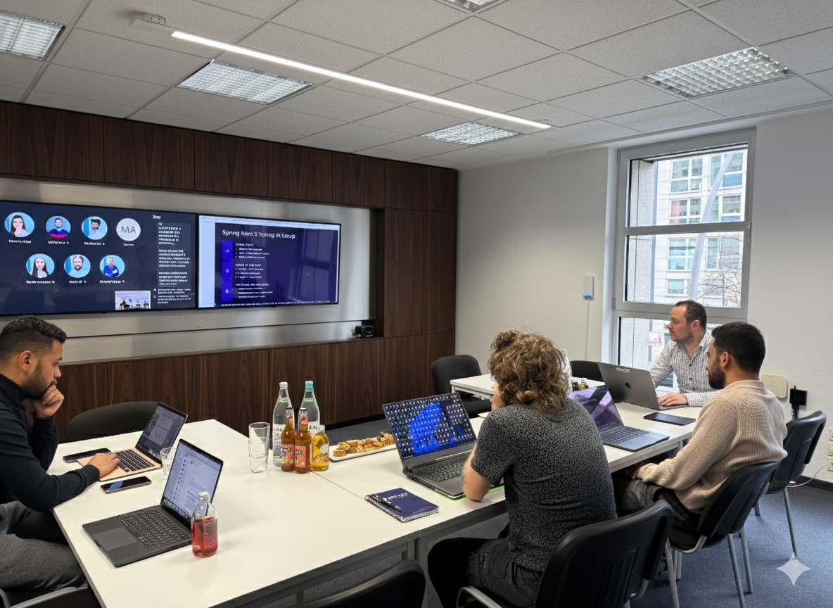 Vier Personen sitzen an einem Konferenztisch mit Laptops und Getränken, während sie eine Präsentation auf zwei großen Bildschirmen in einem modernen Besprechungsraum verfolgen.