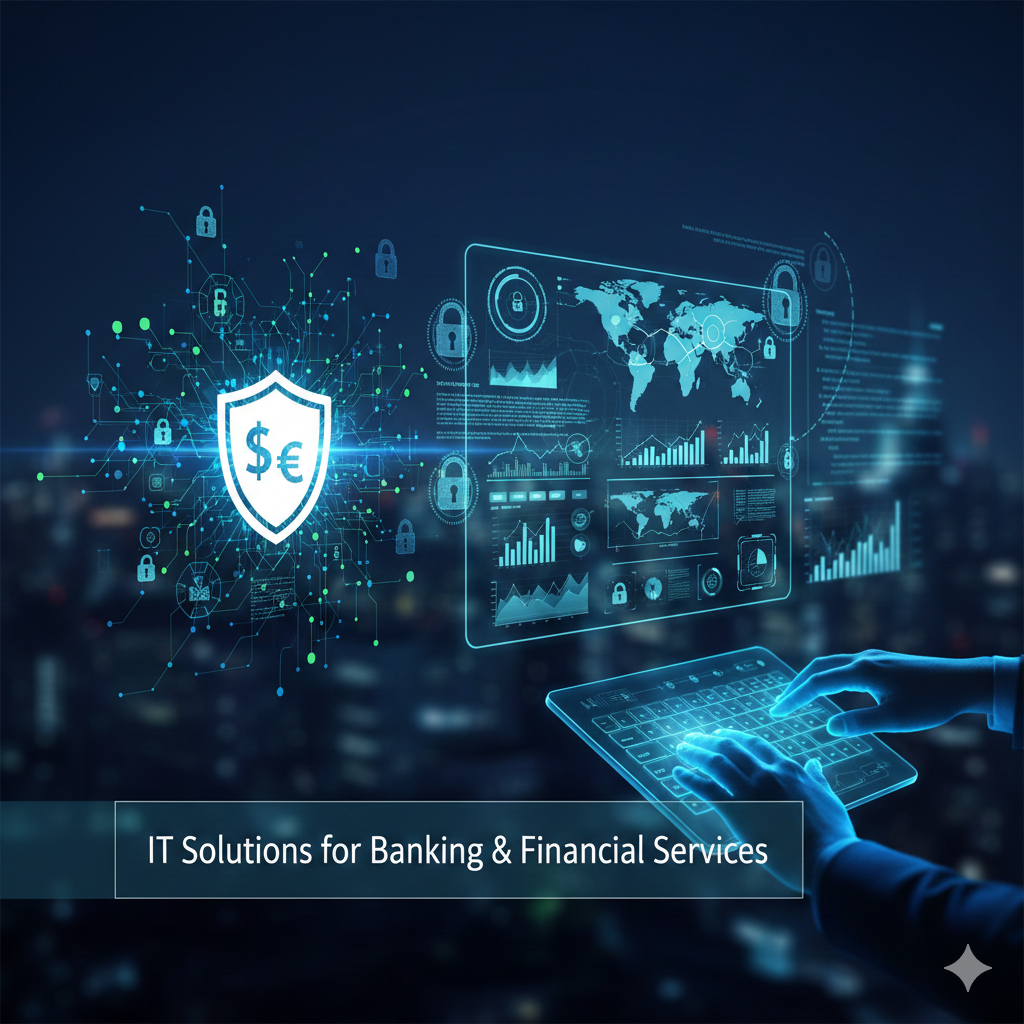 Hände tippen auf eine holografische Tastatur mit Finanzdiagrammen, Weltkarten und Sicherheitsschlosssymbolen, die IT-Lösungen für Banken und Finanzdienstleistungen darstellen.