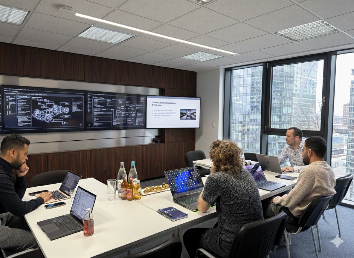 Vier Personen sitzen mit Laptops an einem Besprechungstisch in einem modernen Konferenzraum mit großen Fenstern und mehreren Bildschirmen an der Wand.