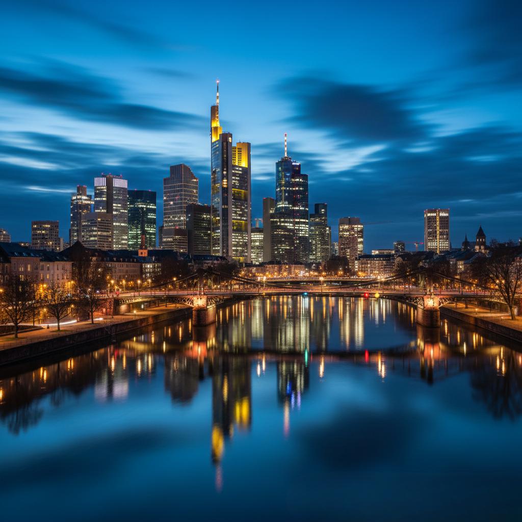 Frankfurter Skyline bei Nacht mit beleuchteten Wolkenkratzern und ihrer Spiegelung im Fluss Main.